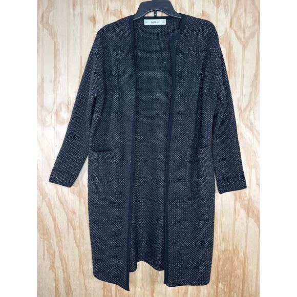 Zara Black Silver Metallic Knit Open Cardigan Size Small Long Pockets Side Slits - Picture 2 of 8